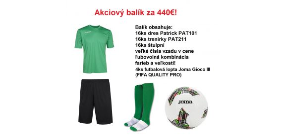 Akciový balík - 16ks Patrick dres, trenírky, štulpne a 4ks Joma Gioco futbalová lopta