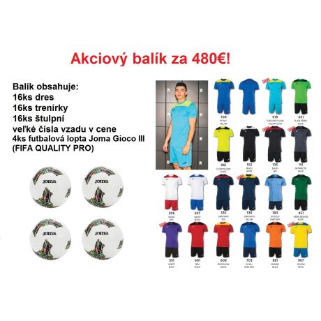 Akciový balík - 16ks Joma Phoenix III dres, trenírky, štulpne a 4ks Joma Gioco futbalová lopta