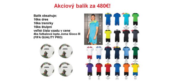 Akciový balík - 16ks Joma Phoenix III dres, trenírky, štulpne a 4ks Joma Gioco futbalová lopta